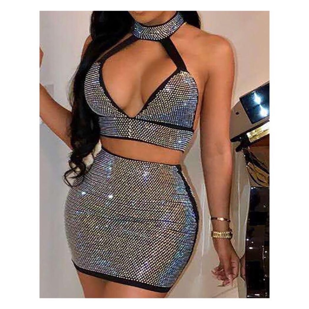 Rhinestone Mini Skirt Set (Crop Top Included)